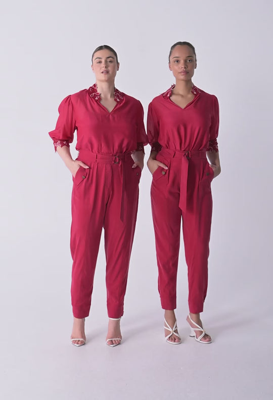 Jardin Cotton Silk Lace Blouse in Dahlia Red