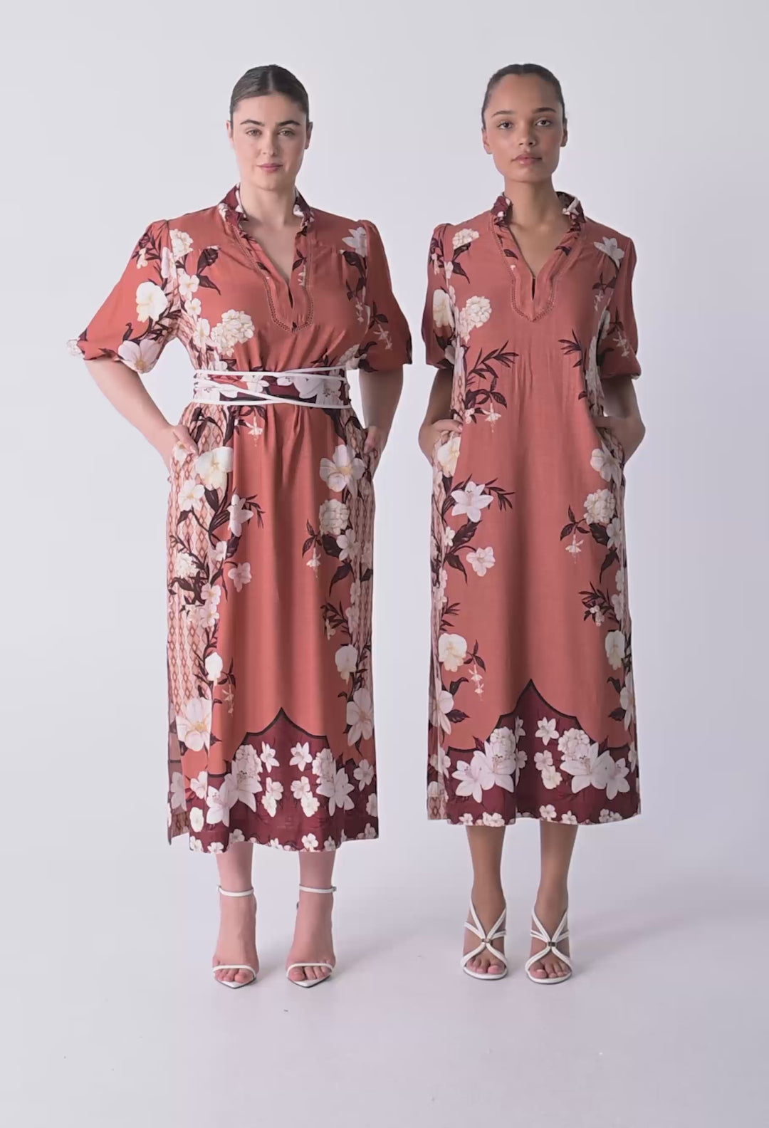 OnceWas Gisela Linen Viscose Printed Column Midi Dress in Amber Vine