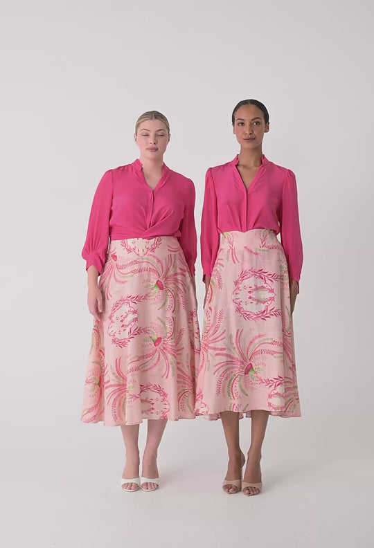 Chloe Silk Criss Cross Cuffed Shirt in Celosia Pink