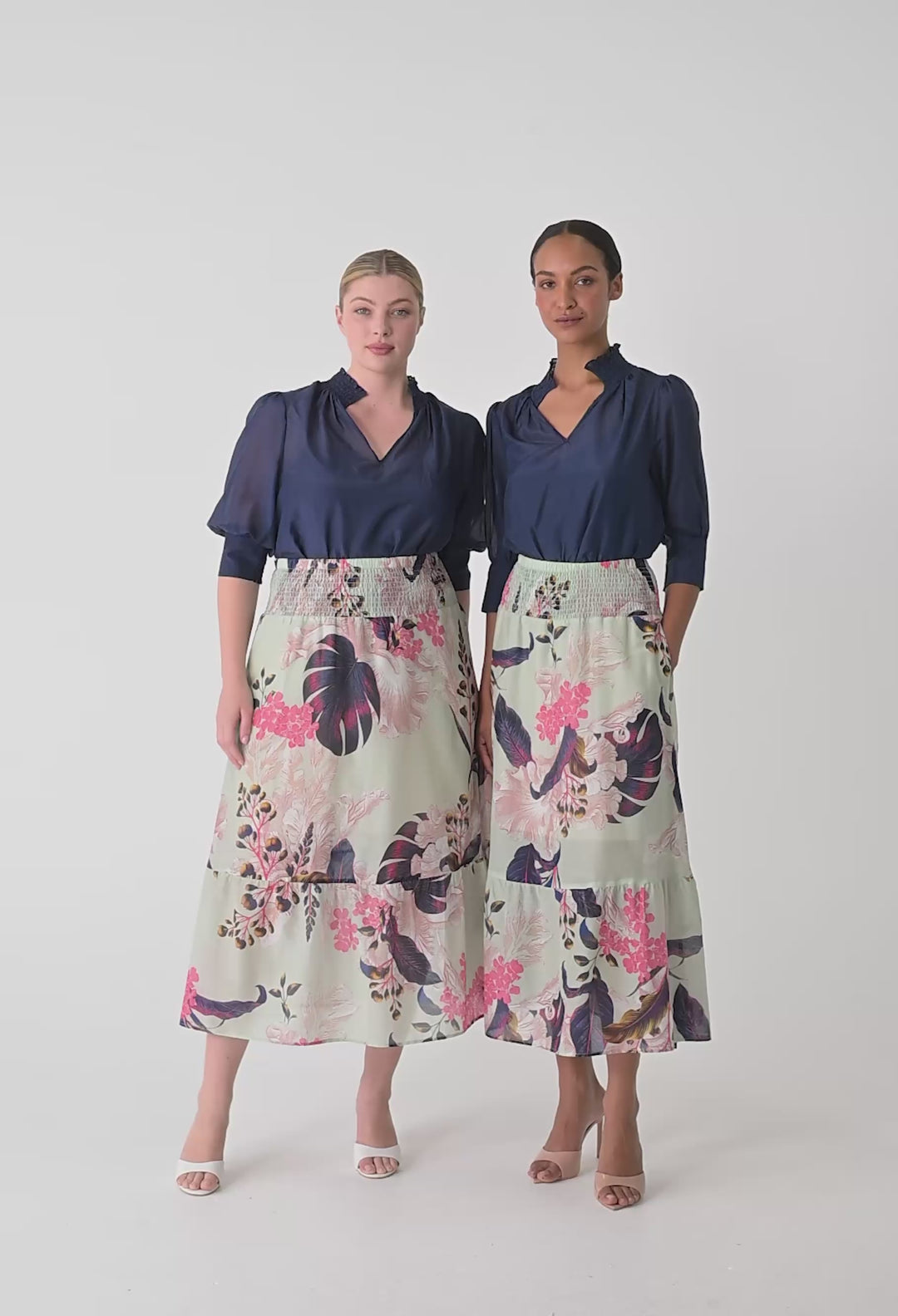 Penelope Cotton Silk Shirred Collar Blouse in Midnight Blue