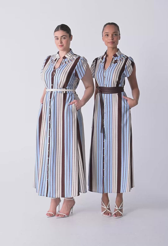 Cattleya Linen Viscose Smock Maxi Dress in Iridescent Stripe