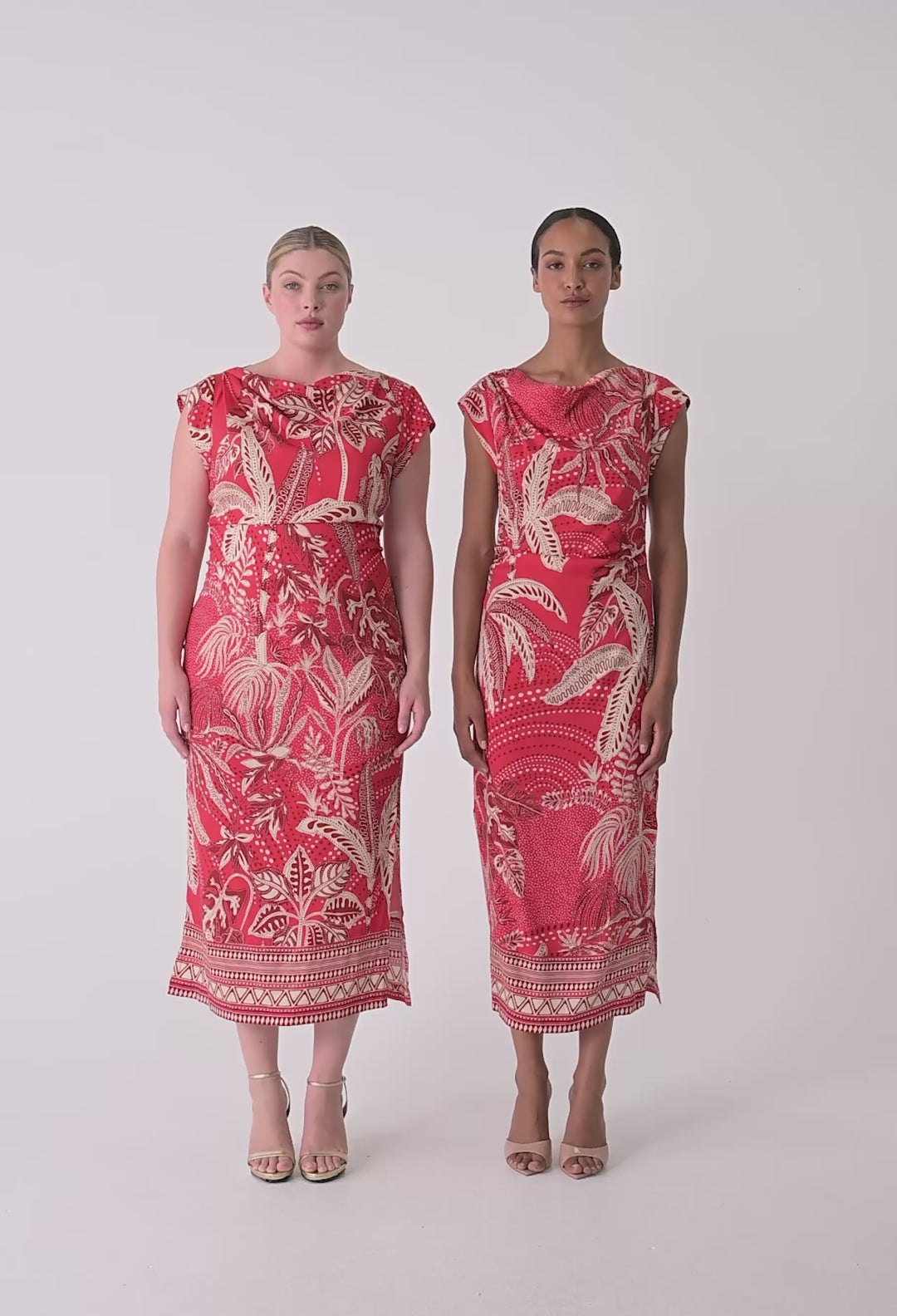 OnceWas Monique Draped Neck Cupro Viscose Stretch Column Dress in Crimson Palms