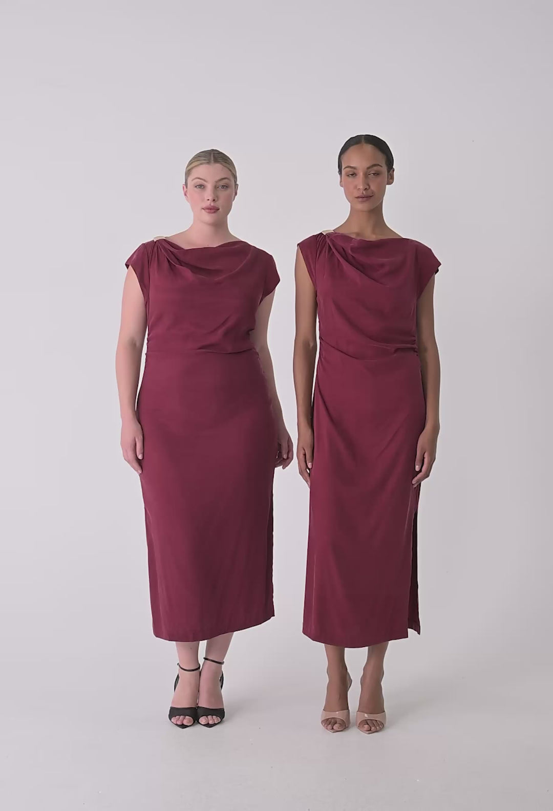 OnceWas Monique Draped Neck Cupro Viscose Stretch Gold Column Dress in Ruby