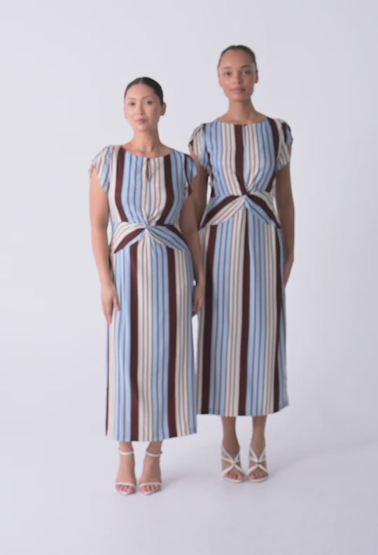 UNDER 5'4 Geneva Stretch Cupro Viscose Column Midi Dress in Iridescent Stripe