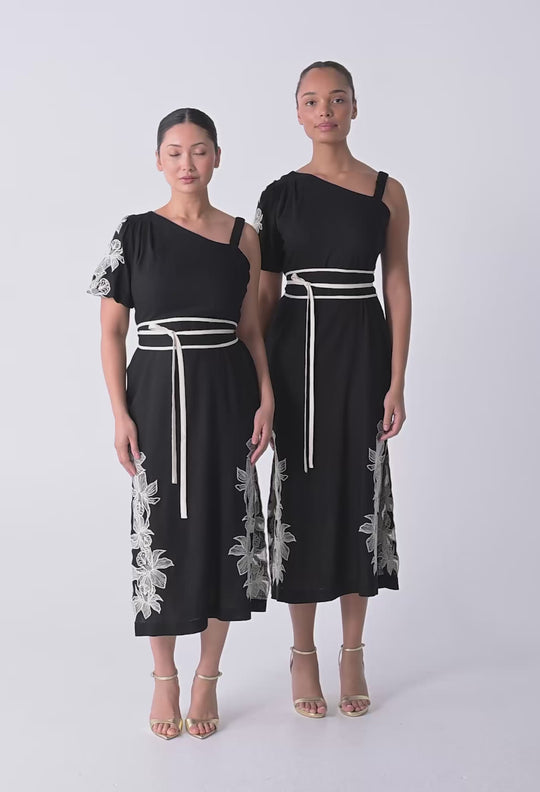 UNDER 5'4 Elodie One Shoulder Linen Viscose Embroidery Dress in Black