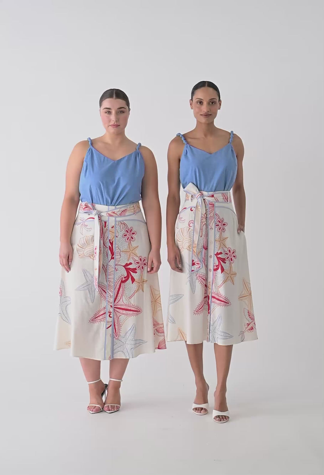Selvia Viscose Linen Contrast Bind Skirt in Maritime Jewel