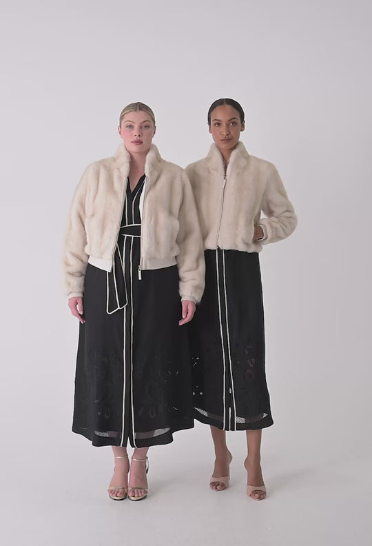 OnceWas Chrysta Faux Fur Rib Detail Bomber in Porcelain