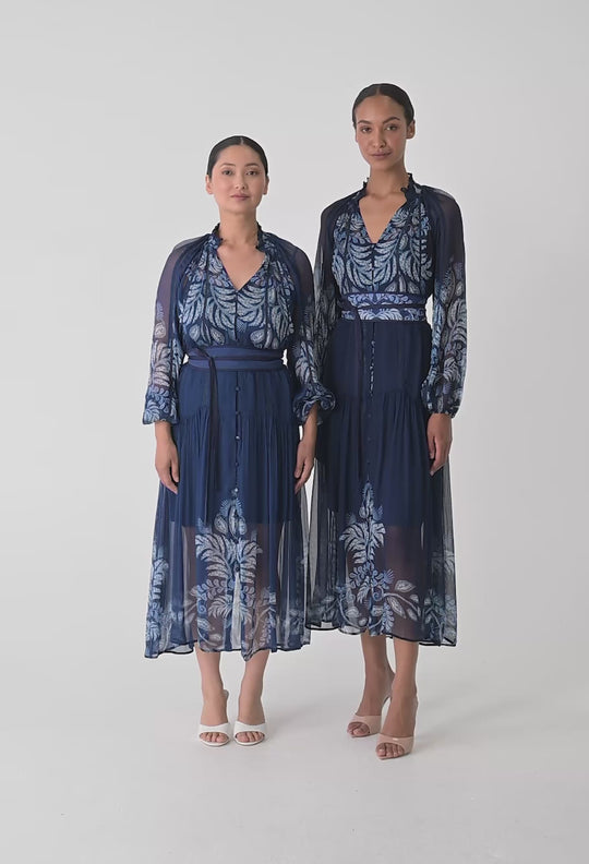 OnceWas PETITE Sloane Viscose Chiffon Print Midi Dress  in Moonlit Batik