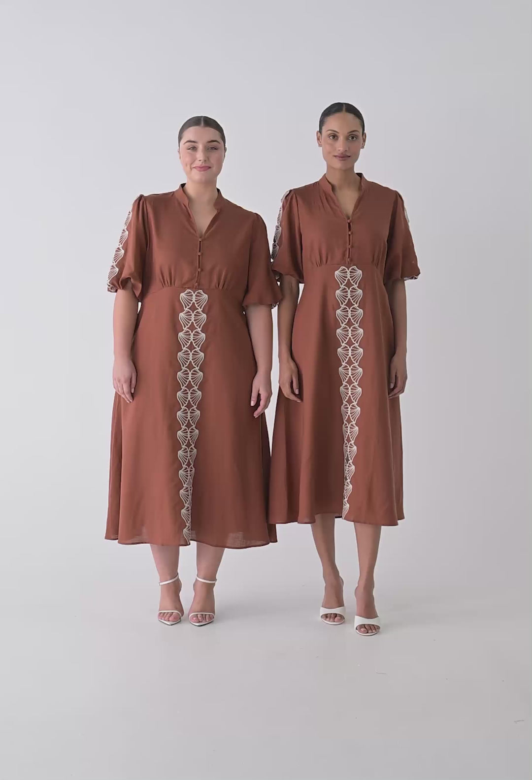 Marcelle Tencel Linen Embroidered Dress in Caramel