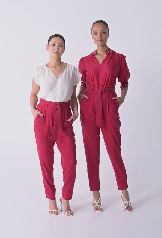UNDER 5'4 Trinidad Stretch Cipro Viscose Button Cuff Pant in Dahlia Red