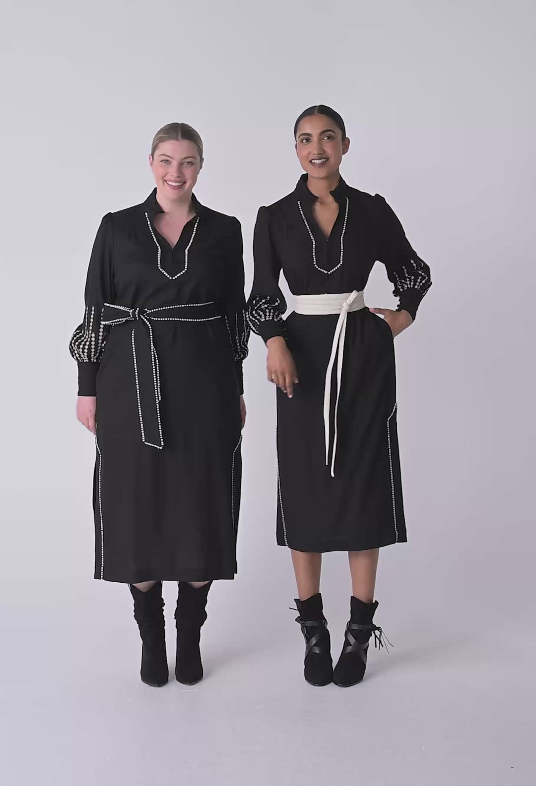 OnceWas Edith Linen Viscose Embroidered Midi Dress in Black