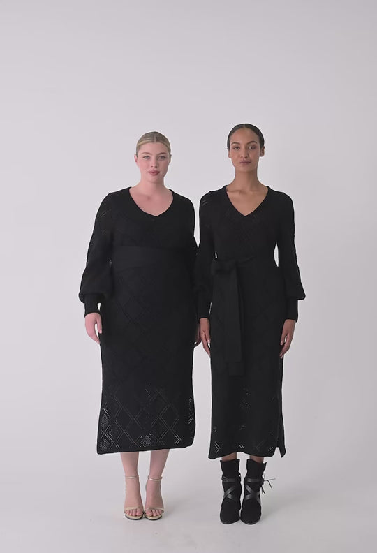 OnceWas Cassi Viscose Cotton Blend V Neck Knit Dress in Black