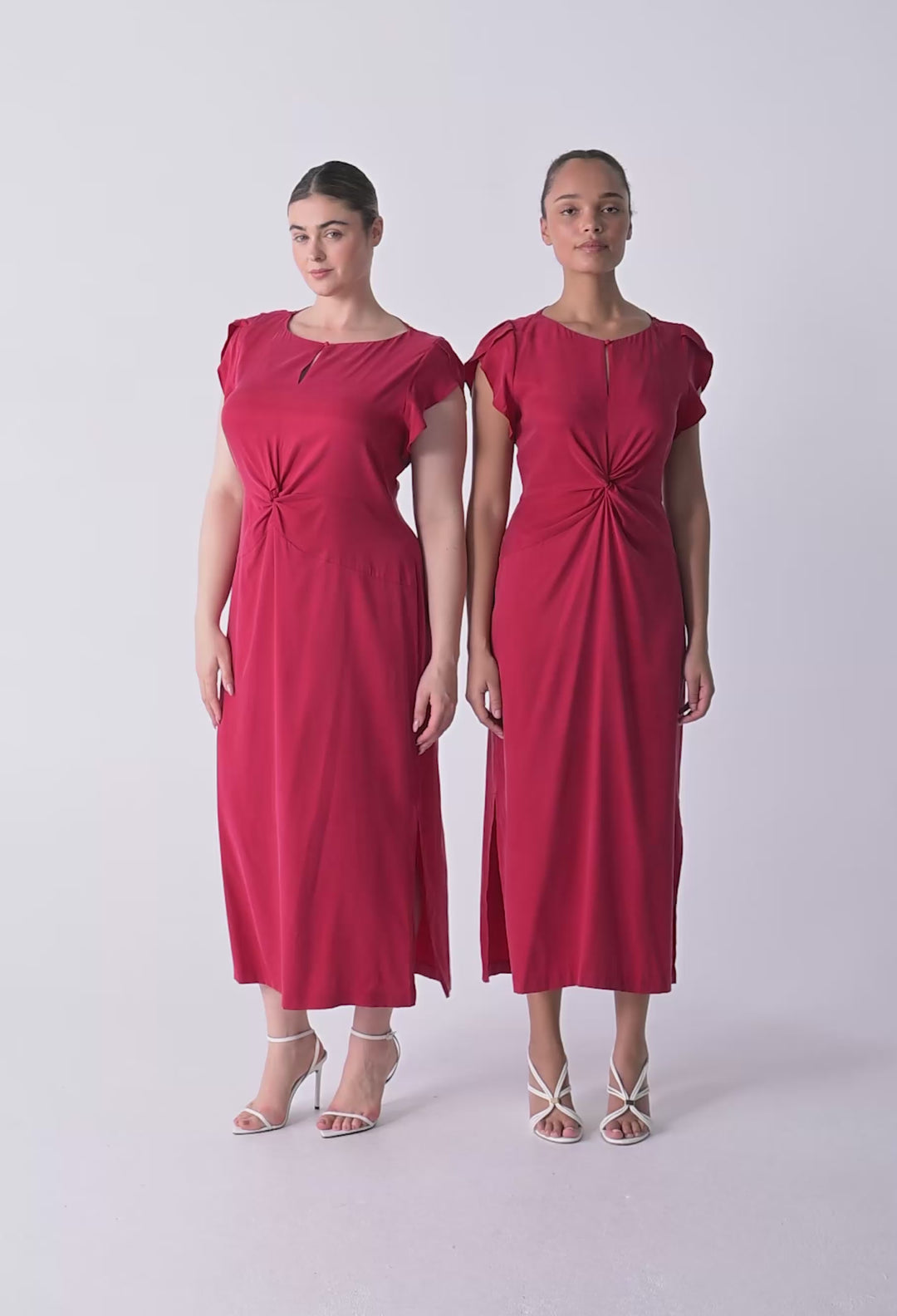 Geneva Stretch Cupro Viscose Twist Column Midi Dress in Dahlia Red