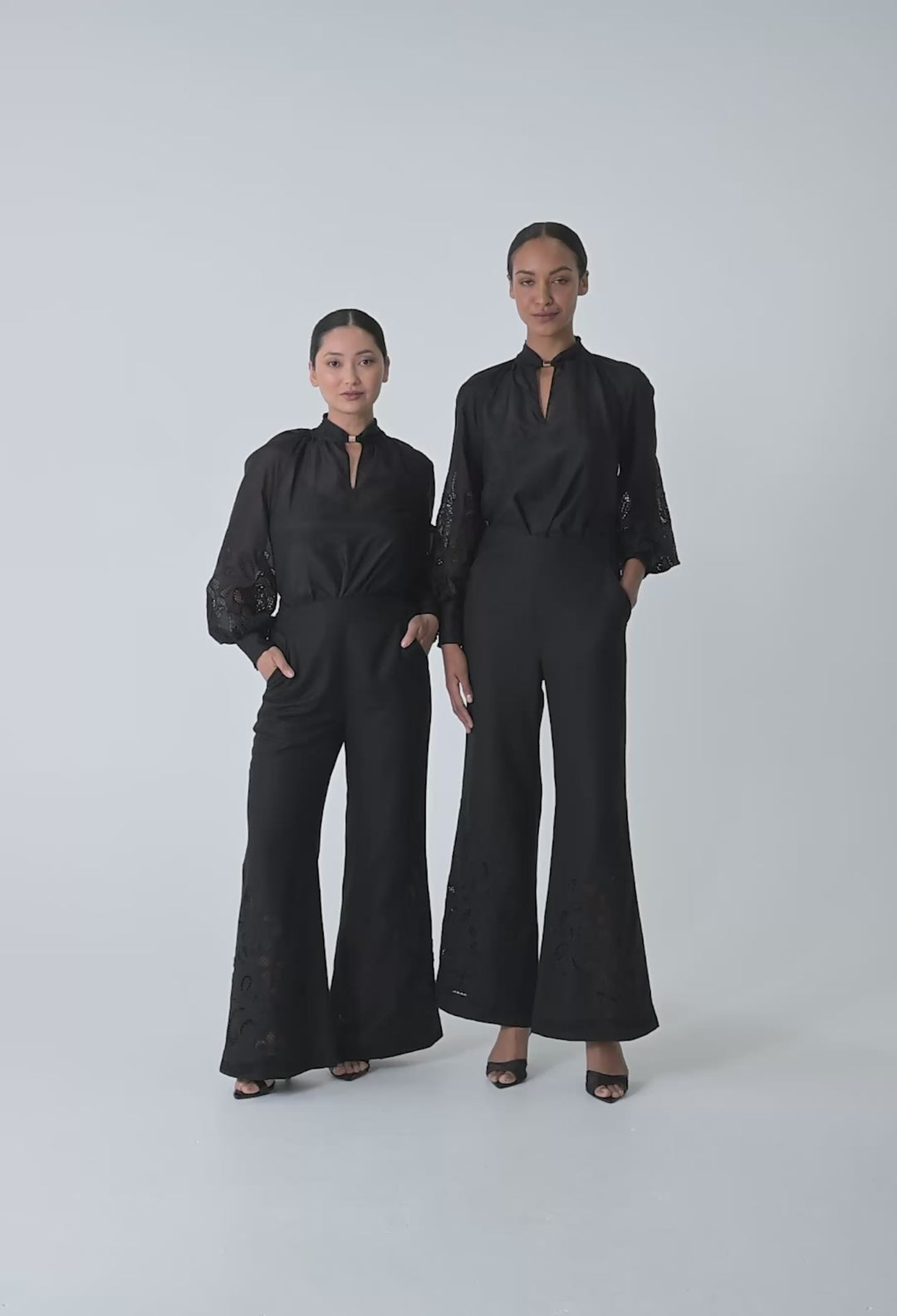 PETITE Rhea Linen Viscose Embroidered Pant in Black