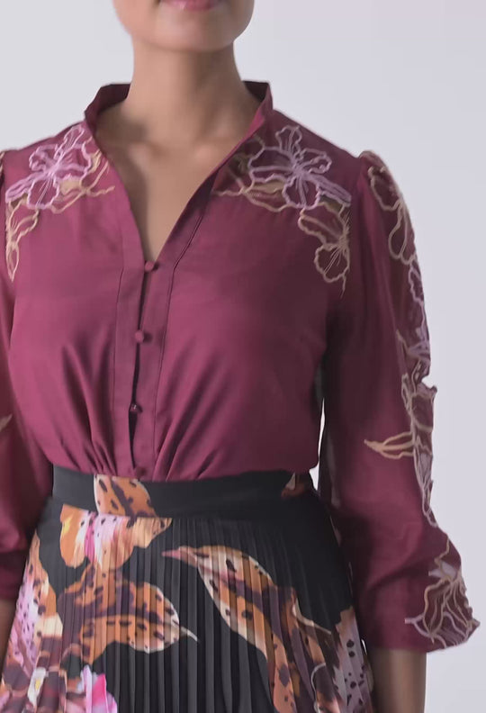 Maren Embroidered Cotton Silk Blouse in Garnet Orchid