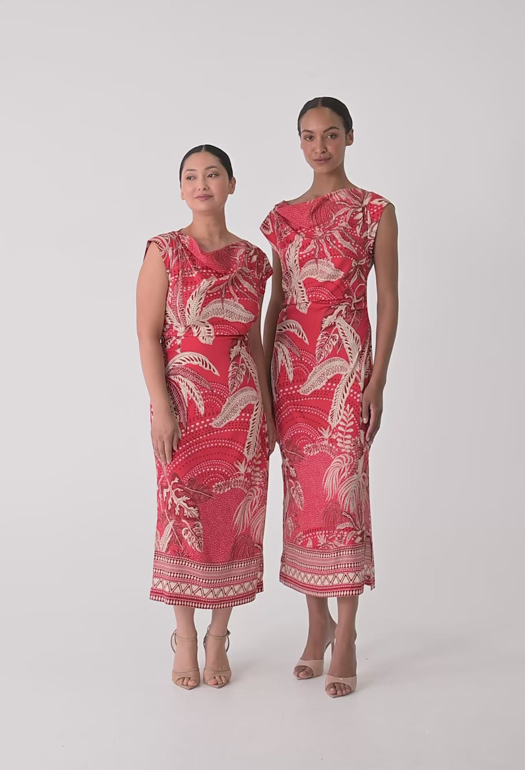 OnceWas PETITE Monique Draped Neck Cupro Viscose Stretch Column Dress in Crimson Palms