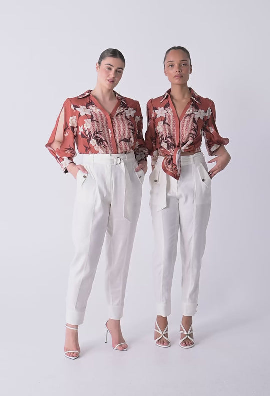 OnceWas Nerine Viscose Faille Cutout Sleeve Detail Print Shirt in Amber Vine