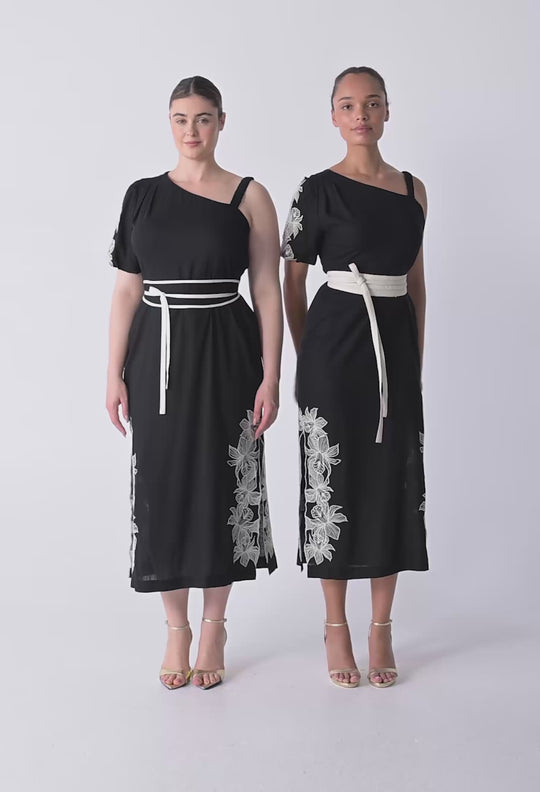Elodie One Shoulder Linen Viscose Embroidery Dress in Black