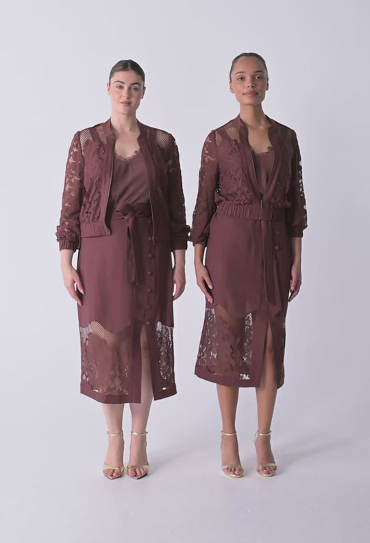 OnceWas Solene Cotton Blend Placement Lace Bomber in Rosewood