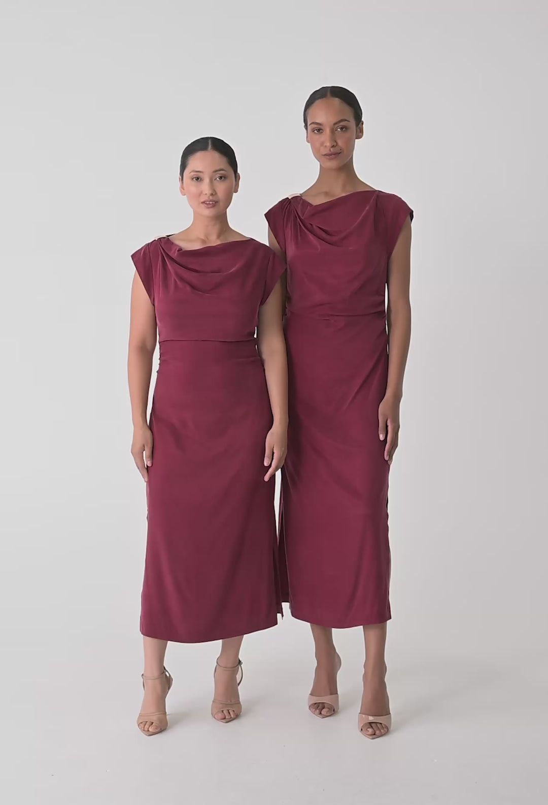 OnceWas PETITE Monique Draped Neck Cupro Viscose Stretch Gold Column Dress in Ruby