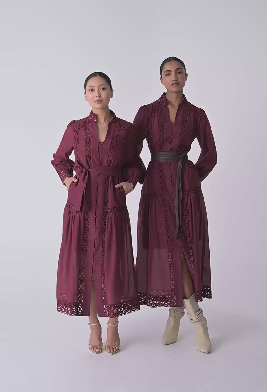UNDER 5'4 Cascadian Cotton Silk Lace Maxi Dress in Bordeaux
