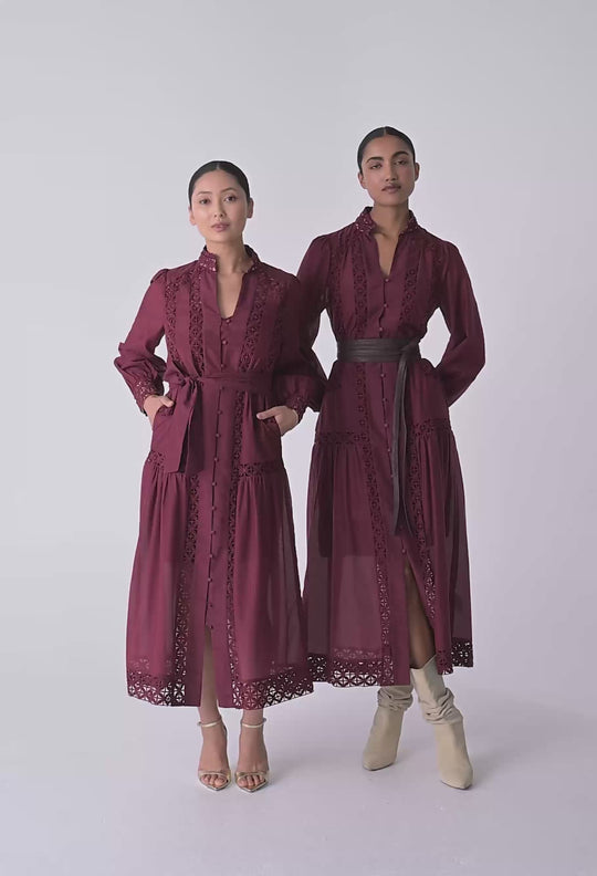 UNDER 5'4 Cascadian Cotton Silk Lace Maxi Dress in Bordeaux