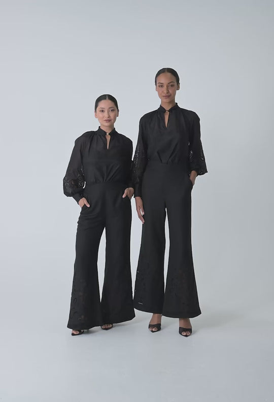 PETITE Simona Cotton Silk Embroidered Blouse in Black