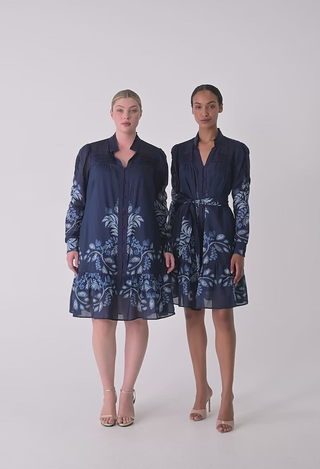 OnceWas Lanae Cotton Silk Print Ruched Sleeve Dress in Moonlit Batik