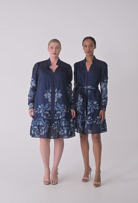 OnceWas Lanae Cotton Silk Print Ruched Sleeve Dress in Moonlit Batik