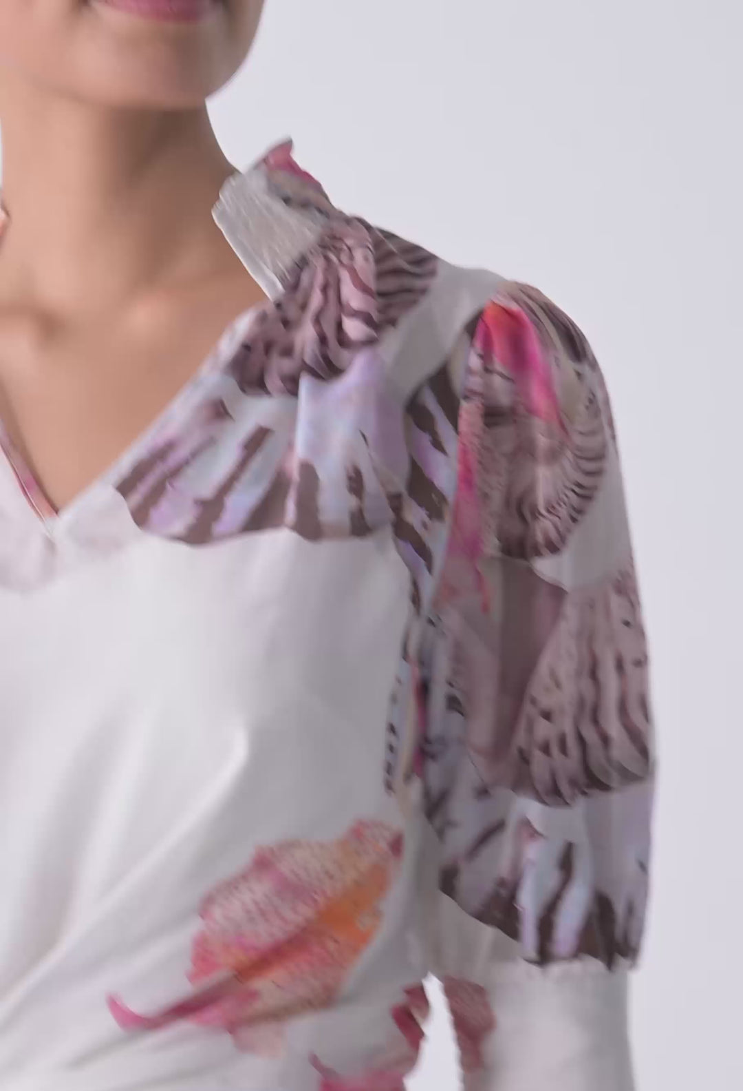 Oleander Cotton Silk Shirred Blouse in Nautilus Bloom
