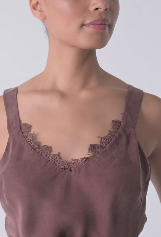 OnceWas Julien Cupro Blend Lace Trim Cami in Rosewood