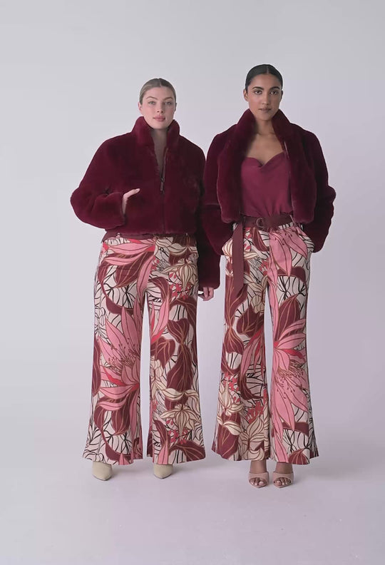 OnceWas Dawn Faux Fur Cropped Jacket in Bordeaux