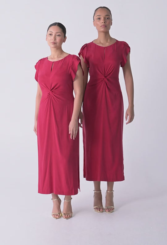 UNDER 5'4 Geneva Stretch Cupro Viscose Column Midi Dress in Dahlia Red