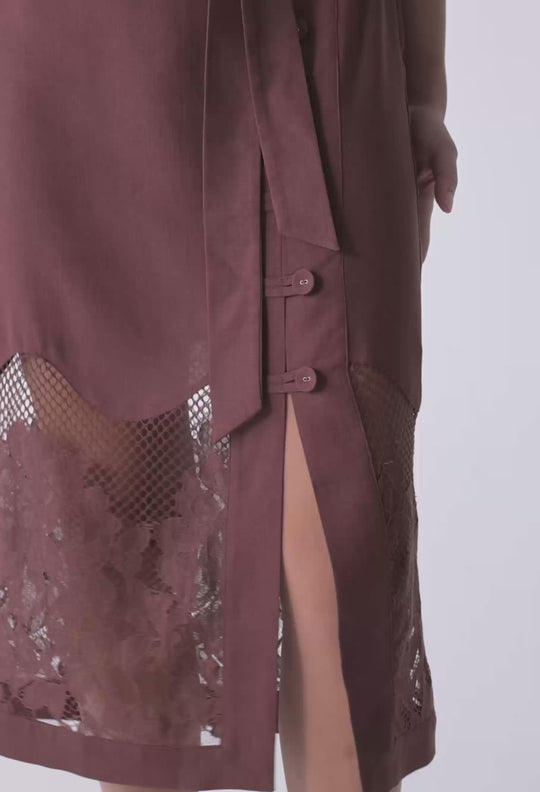 UNDER 5'4 Solene Linen Viscose Lace Midi Skirt in Rosewood