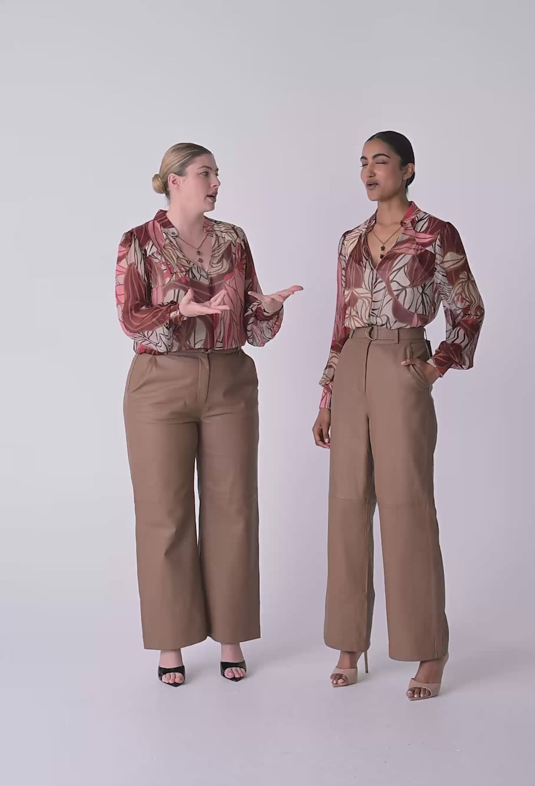 Halston Genuine Leather Belted Straight Leg Pant in Husk