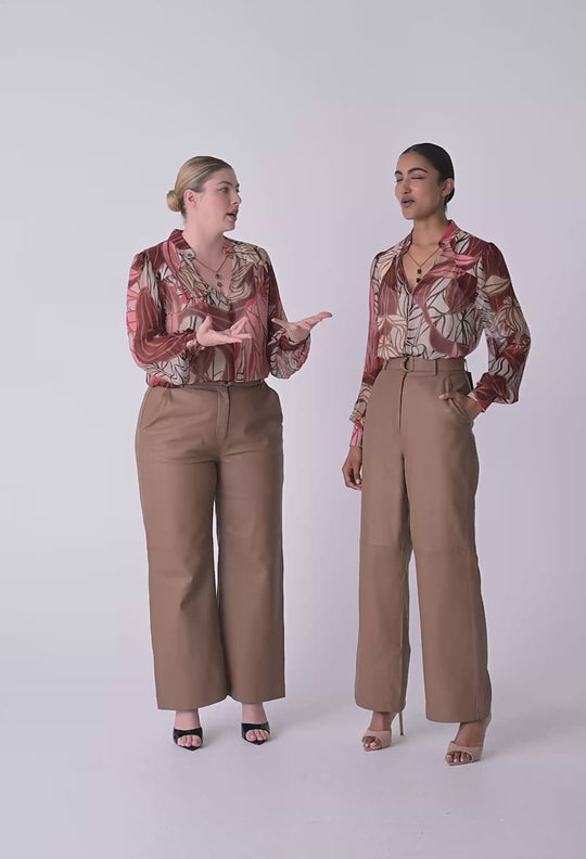 Halston Genuine Leather Belted Straight Leg Pant in Husk