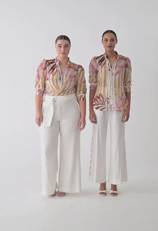 Kayla Stretch Linen Viscose Embroidered Pant in Ivory