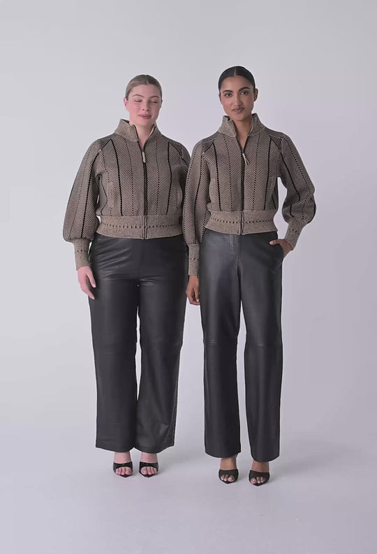 Jeanne Wool Blend Textured Knit Bomber Jacket in Tan Chevron