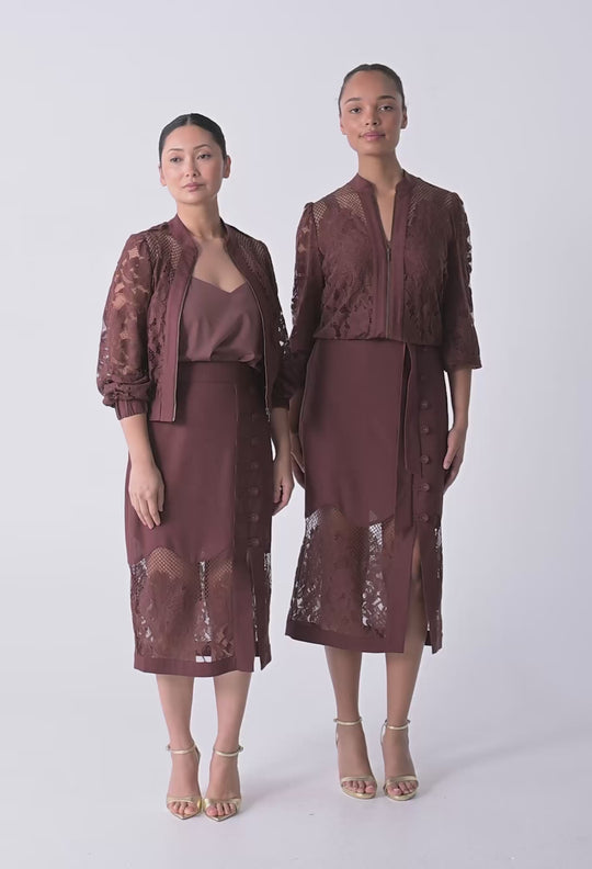 OnceWas UNDER 5'4 Solene Cotton Blend Lace Bomber in Rosewood
