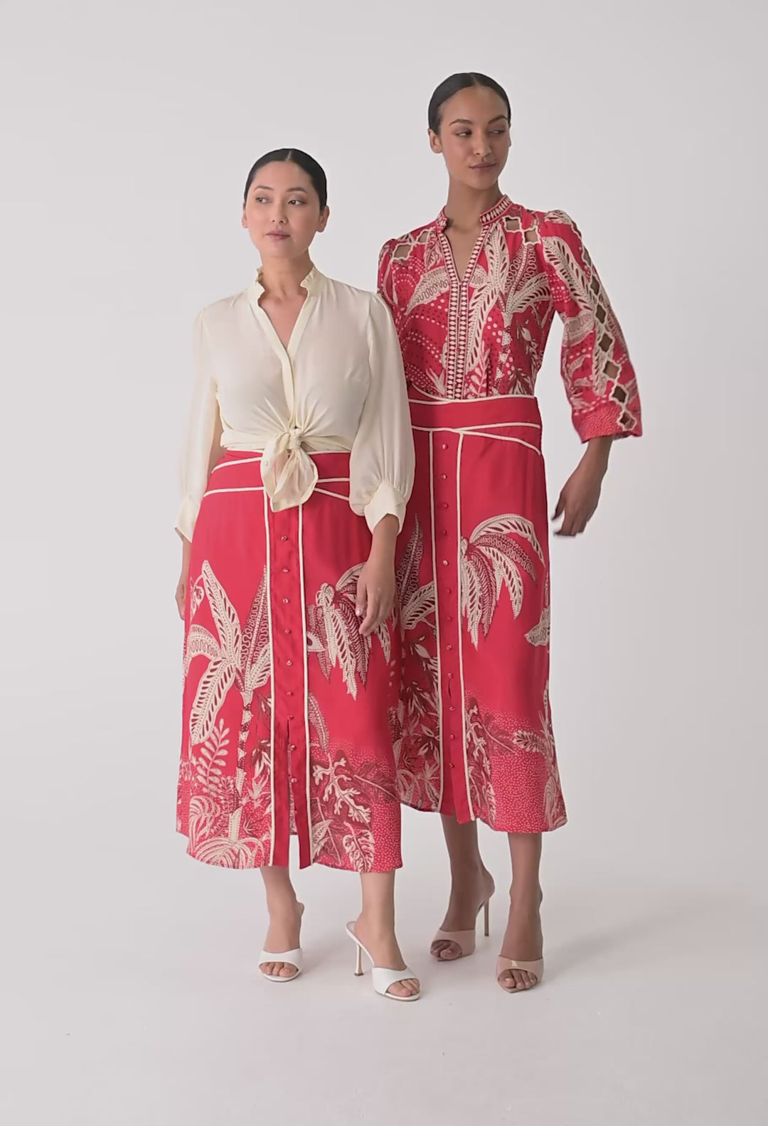 OnceWas PETITE Harper Viscose Faille Print Criss Cross Waist Panel Skirt in Crimson Palms