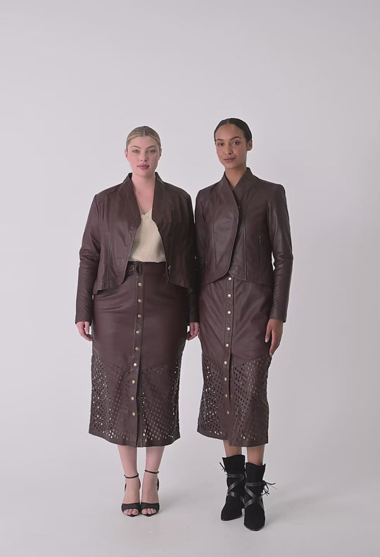 OnceWas Hypnotic Leather Custom Laser Midi Skirt in Oxblood