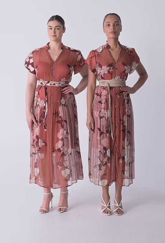 OnceWas Perla Sheer Viscose Print Dress in Amber Vine