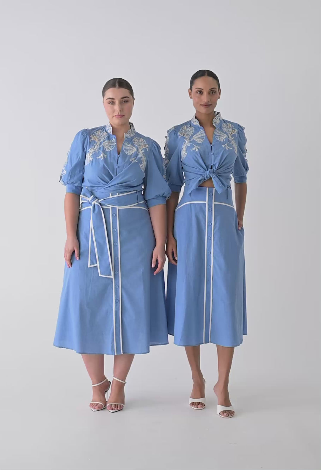 Claudia Cotton Embroidered Top in Blue Chambray