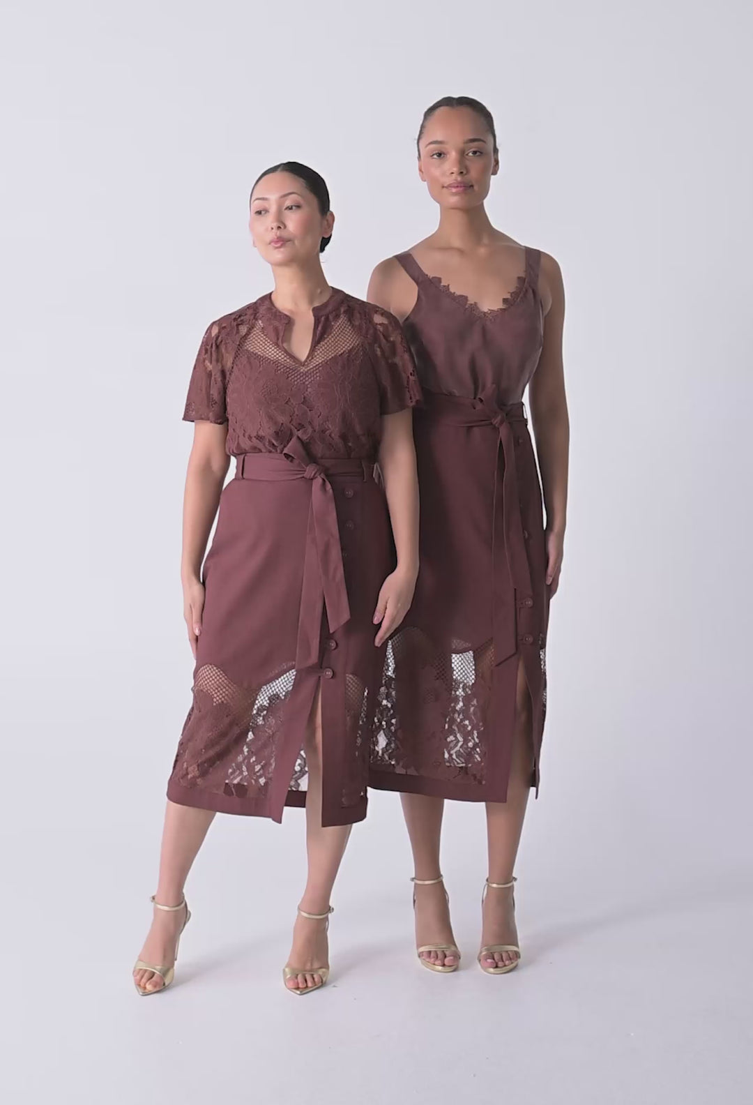 OnceWas UNDER 5'4 Solene Linen Viscose Lace Midi Skirt in Rosewood