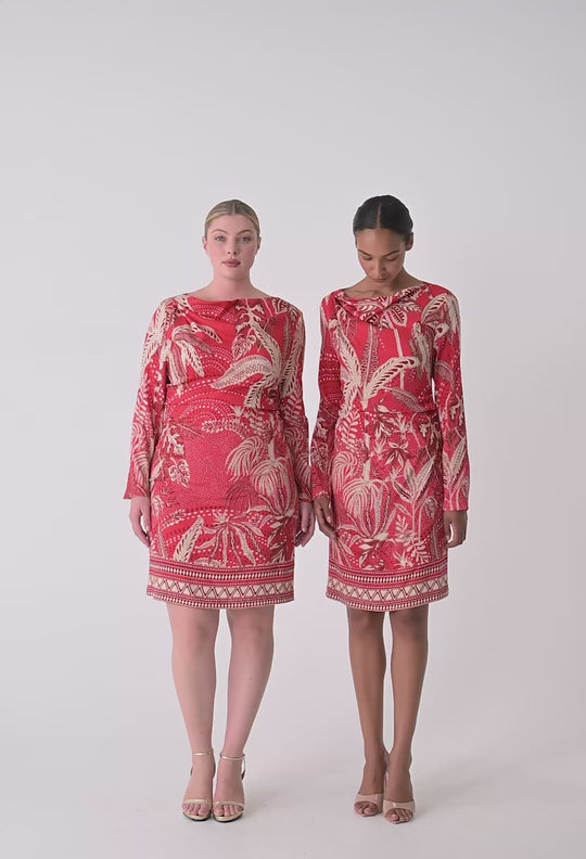 OnceWas Helsa Draped Neck Cupro Viscose Stretch Long Sleeve Dress in Crimson Palms