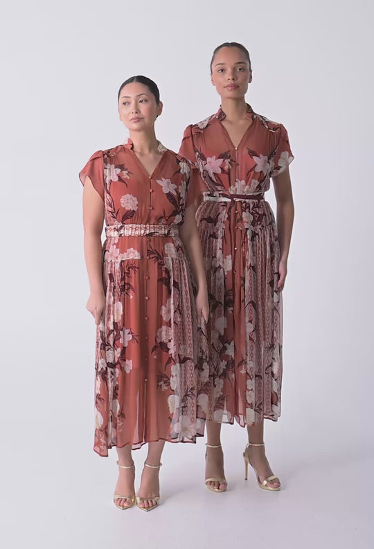 OnceWas UNDER 5'4 Perla Sheer Viscose Print Dress in Amber Vine