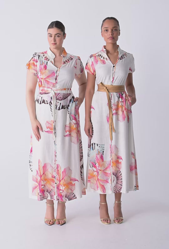 Cattleya Linen Viscose Smock Maxi Dress in Nautilus Bloom