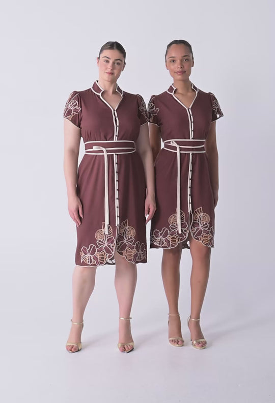 Ivy Linen Viscose Embroidery Detail Dress in Rosewood