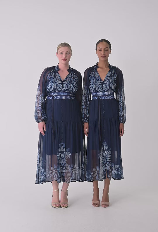OnceWas Sloane Viscose Chiffon Print Midi Dress  in Moonlit Batik