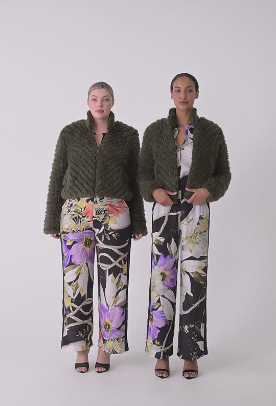 Sybil Chevron Faux Fur Bomber in Moss